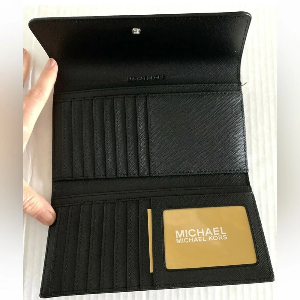 New Michael Kors Jet Set Travel Large Trifold wallet PVC Black with Silver - Picture 4 of 4